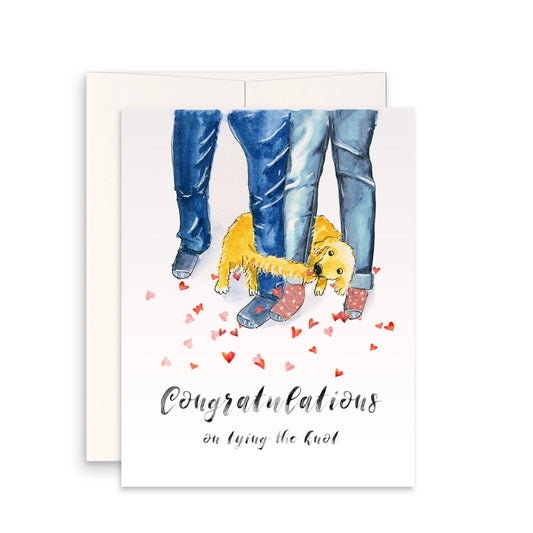 congratulations on tying the knot card with a picture of a dog circling around the legs of two people